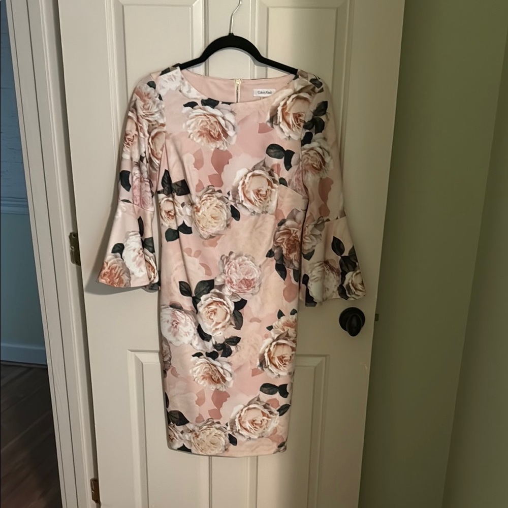 Calvin Klein Pink Sheath Dress with Bateau Neckline and Bell Sleeves